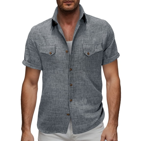 CYiJun George Linen Button Down Shirts for Men Summer Casual Beach Wedding Textured Short Sleeve Tops