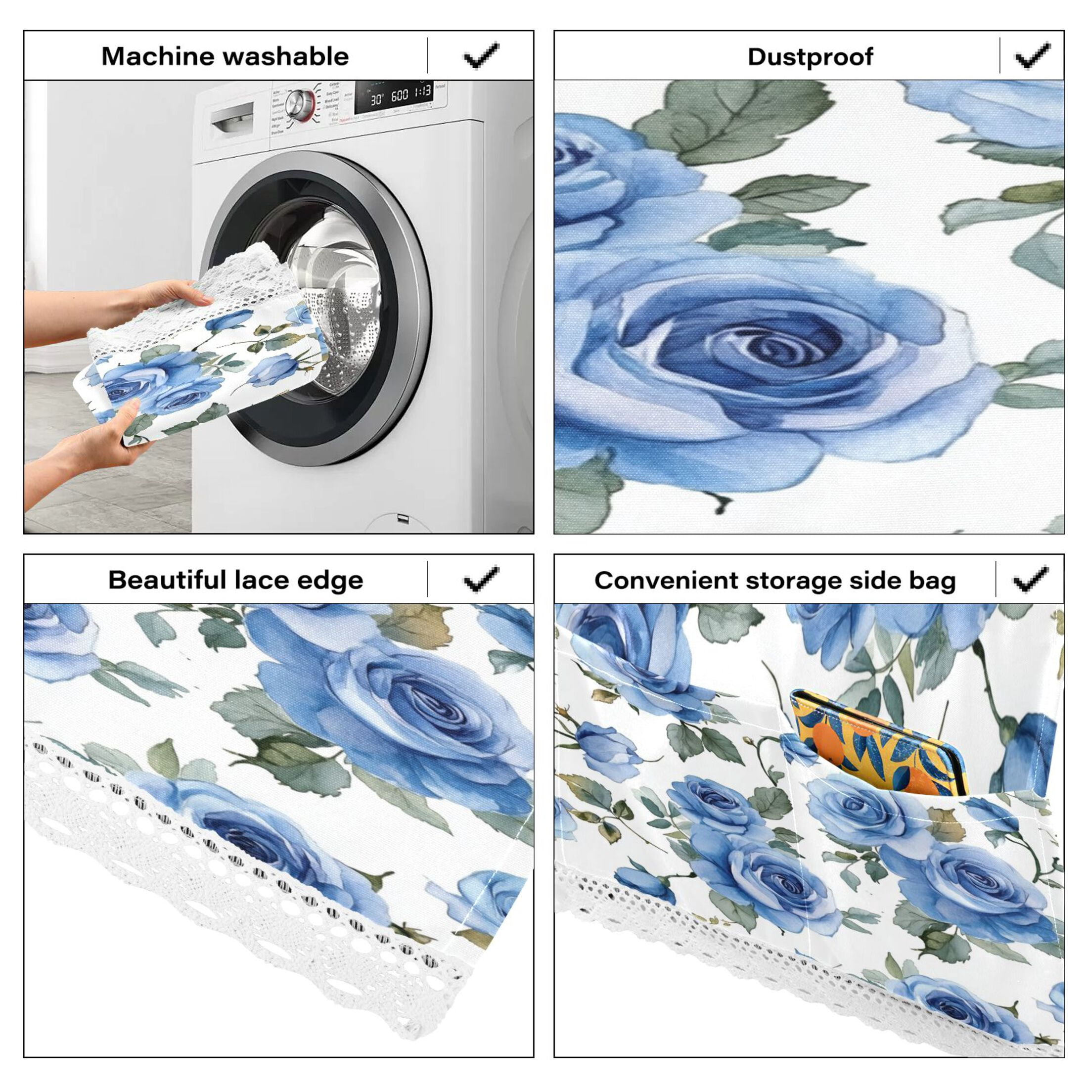 Blue RoseWasher and Dryer Covers Dust-Proof and Oil Resistant Fridge Cover with 4 Storage Pockets Washing Machine Top Cover for Laundry Kitchen Home 51.2 x 22 In