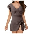 thumbnail image 1 of Huesdet Womens Tummy Control Bathing Suits V Neck Cute One Piece Swimsuits Lace Up Ruffle Swimsuit[Coffee,L], 1 of 8