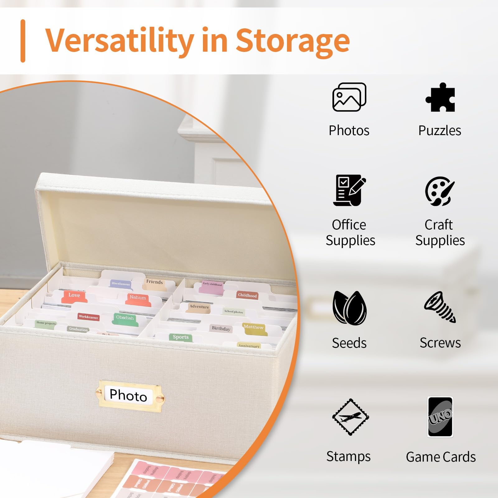 Aokeyee Photo Storage Box, Decorative Linen Photo Containers Organizer for 4x6, Memory Boxes Keepsakes with Lid, Fits Holds Up to 1700 Pictures 2PC