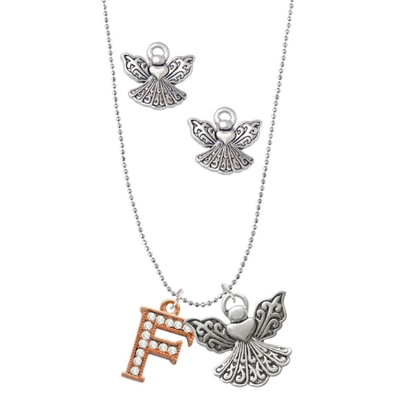 Delight Jewelry Rose Goldtone Crystal Initial - F - Silver tone Guardian Angel Charm Necklace and Stud Earrings