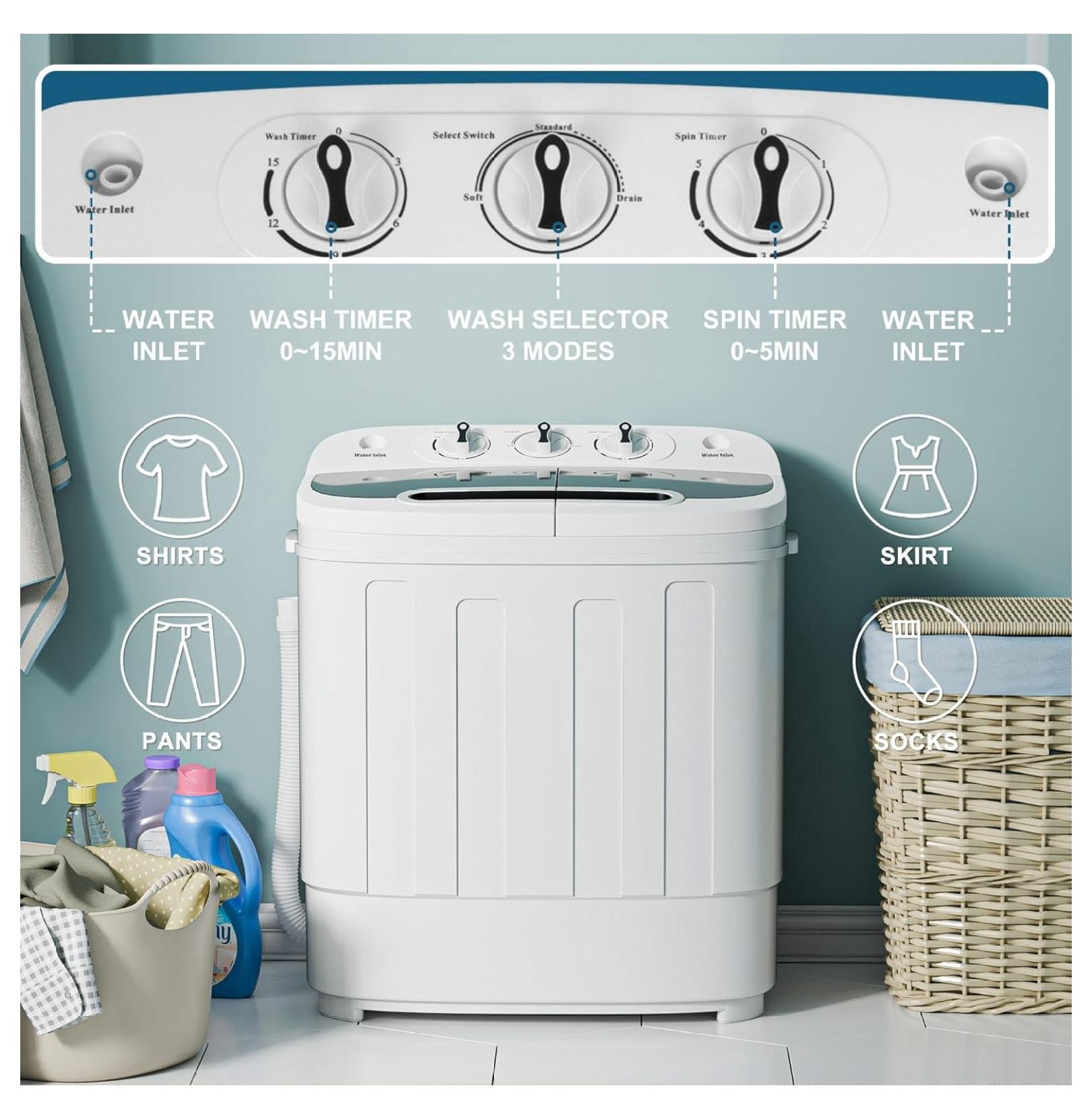 SONGMY Compact Mini Twin Tub Washing Machine 13lbs - Portable Washer with Spin Cycle, Built-in Gravity Drain for Apartments & Dorms