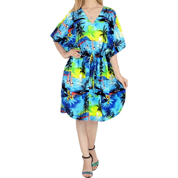 HAPPY BAY Women's Summer Loungewear Relaxed Fit Caftan Mini Casual Sundress 2X-3X Blue Horizon_AC739