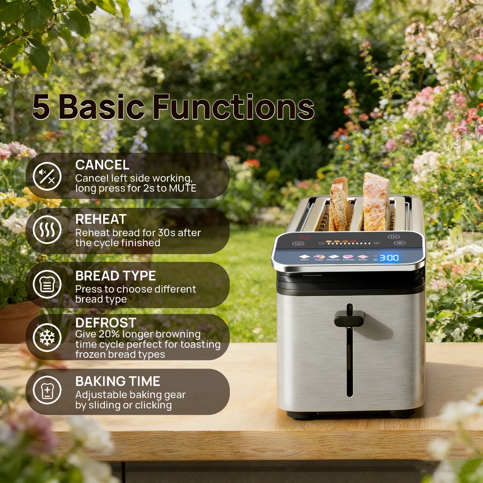 WHALLPRO 4 Slice Long Slot Toaster, Touch Screen with Projection Display,1.5" Wide Slots, 5 Bread Types & 11 Shade Settings