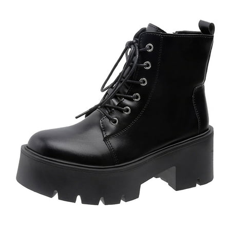 

GNEIKDEING Autumn And Winter Women Ankle Boots Thick Sole Middle Heel Round Toe Solid Color Lace Up Comfortable Gift on Clearance