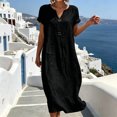 thumbnail image 2 of Bysome Women Dresses Button Down Solid Color Short Sleeve V-Neck Dress Summer Comfortable Women Dress Size L Black, 2 of 4