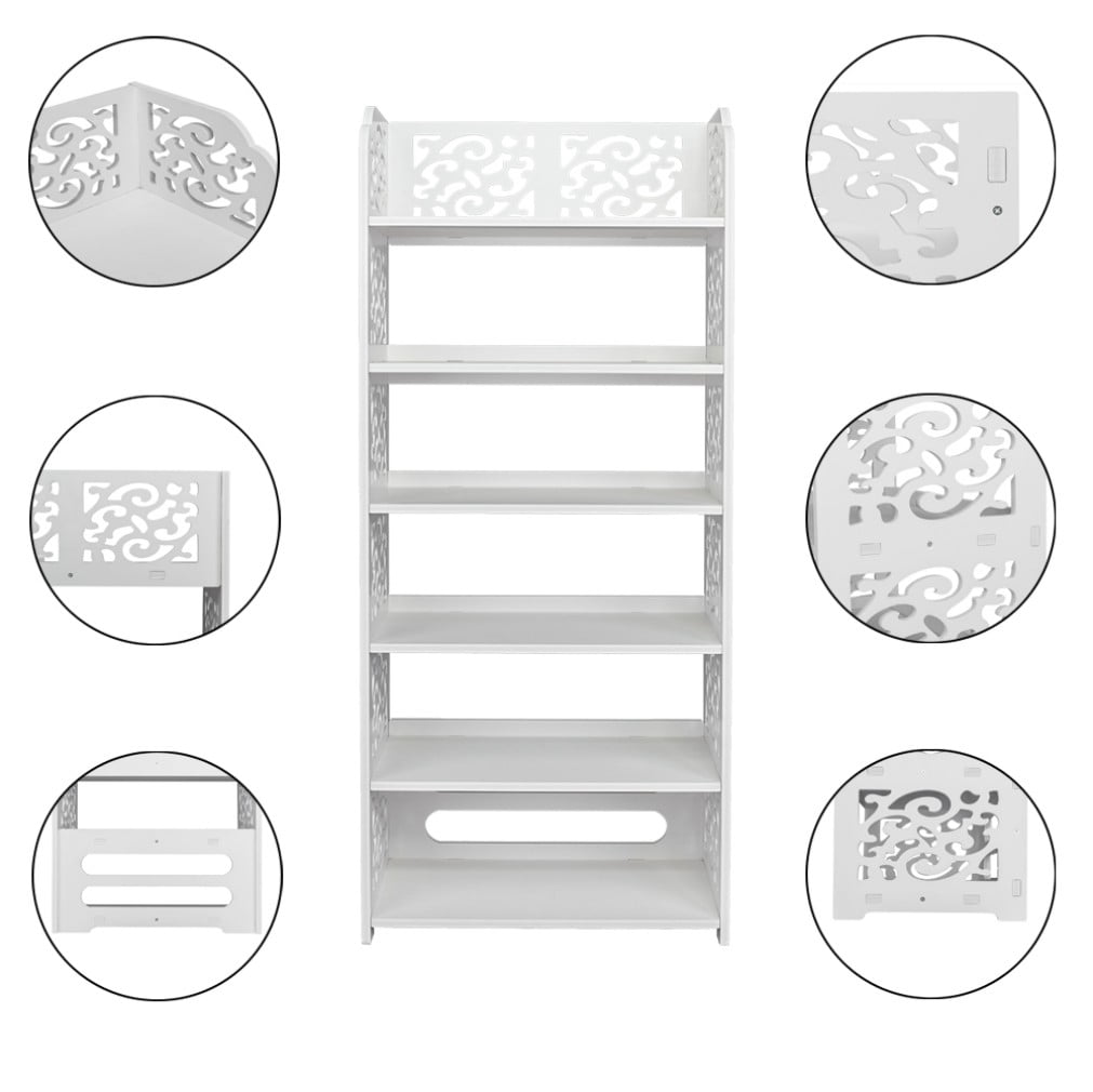 Tcbosik 6-Tier Carved Shoe Rack, Wood-Plastic Waterproof Storage Shelf for Shoes, Plants & Decor, 16.54"W Easy-Install Organizer for Home Entryway or Bedroom (White)