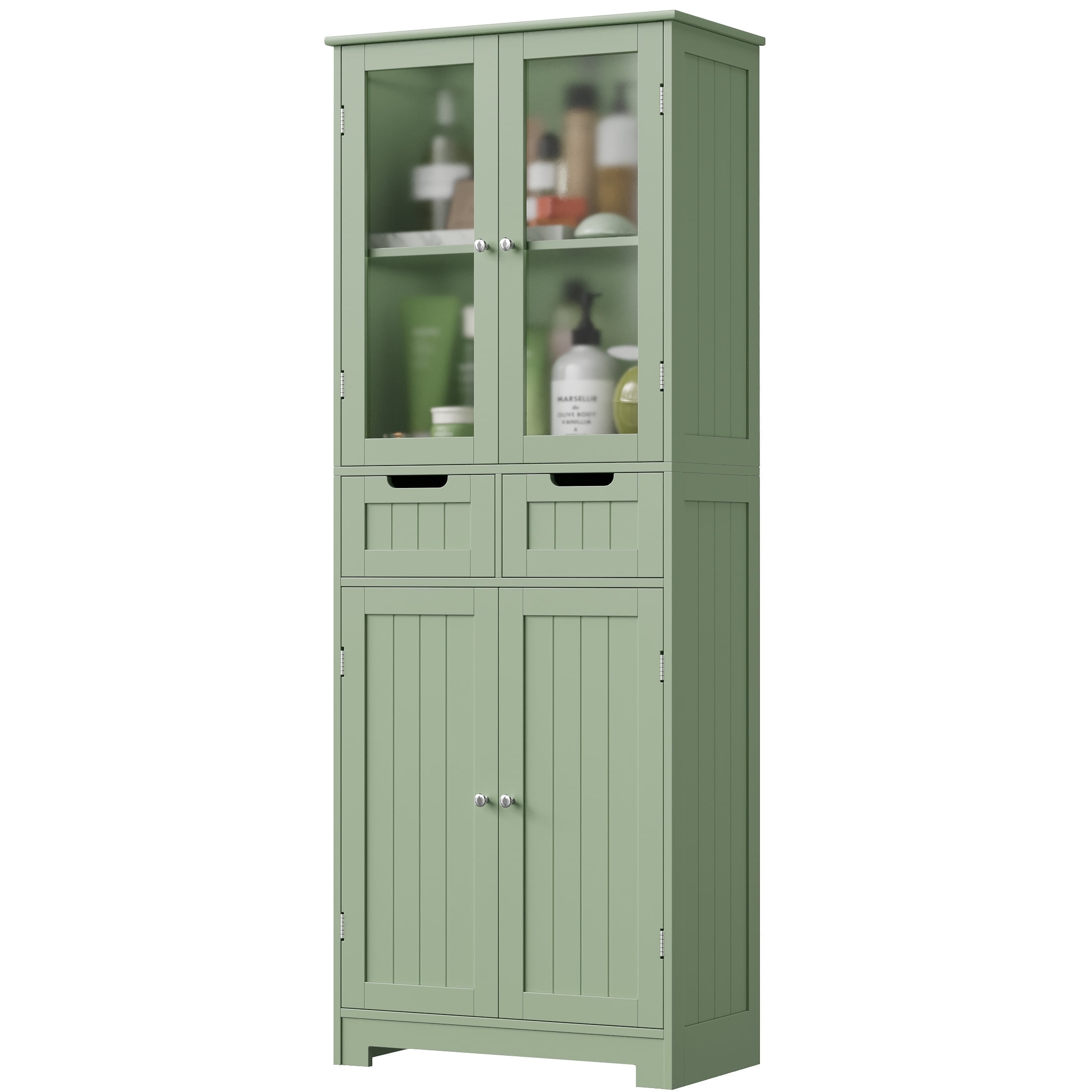 Homfa Bathroom Cabinet, 3-Tier Wood Tall Linen Storage Cabinet with 2 Drawers and 4 Doors for Living Room Office, Green