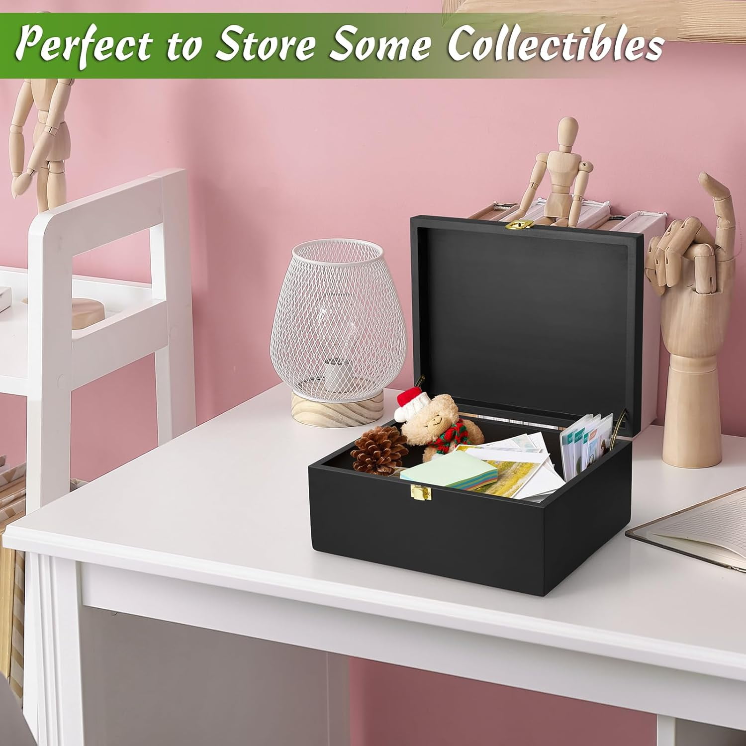Large Wooden Keepsake Box, Black Memory Box, Decorative Storage Box with Hinged Lid, Large Card Box