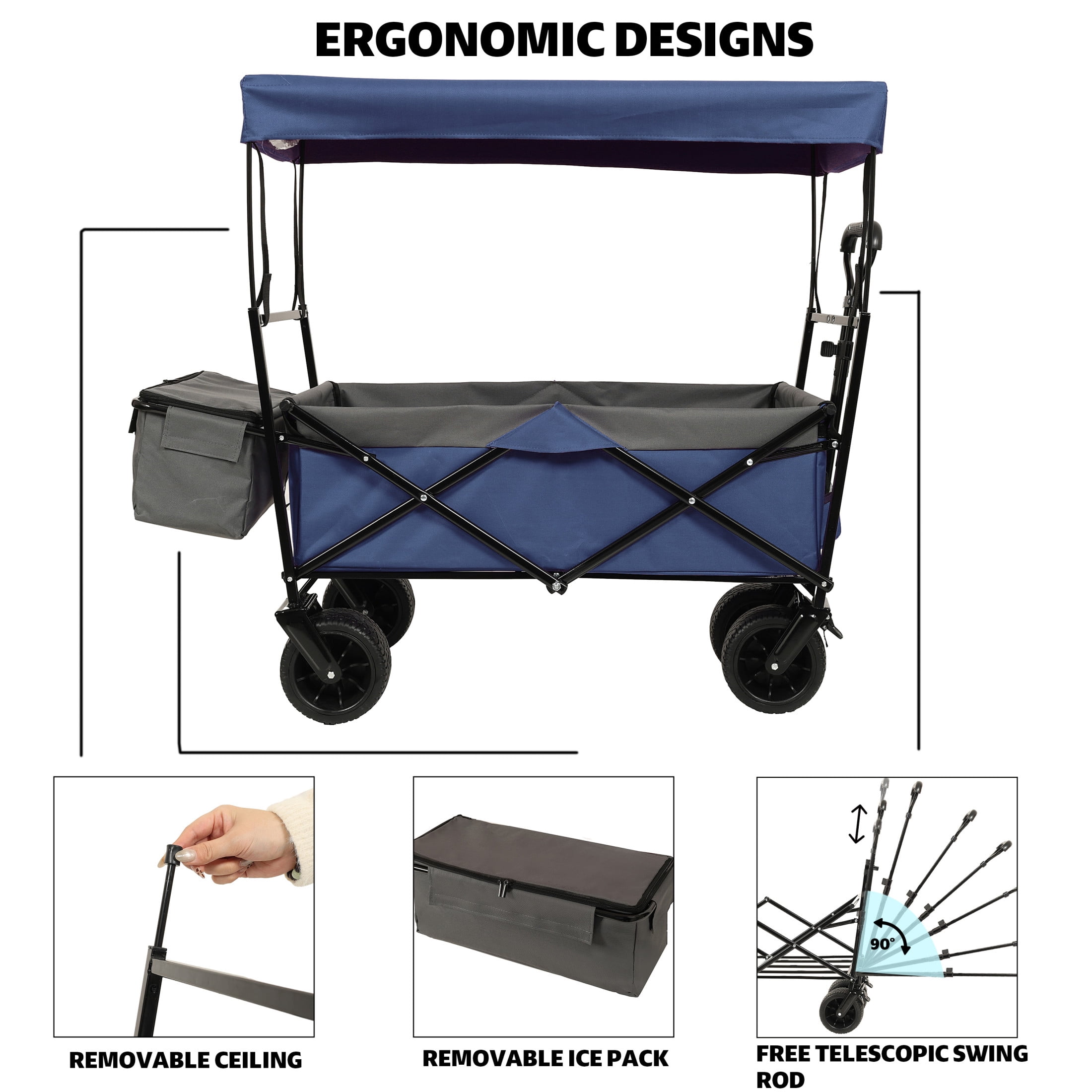 GDF Studio Collapsible Wagon Stroller with Removable Canopy and Mosquito Net, 7" All-Terrain Wheels, Dark Blue