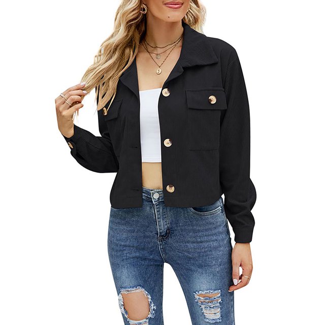 Chaqueta Manga Larga Solapa Color Puro Botón Bolsillo Casual Cómodo Tops Cortos Para Mujer Negro S