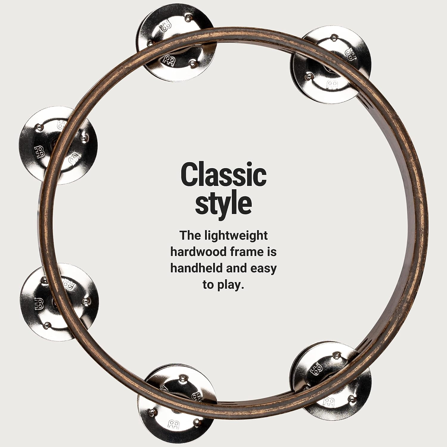 MEINL Compact Wood Tambourine with Double Row Stainless Steel Jingles 8 in. Walnut Brown