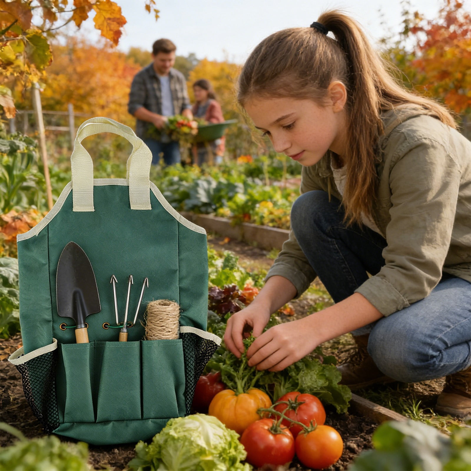 Multi Functional Folding Gardening Tool Storage Bag Handheld Organizer with Compartments, Heavy Duty Cloth Tote for Garden Tools Supplies