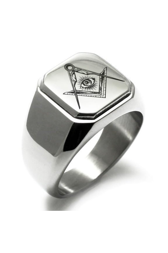 Stainless Steel Freemasons Masonic Sacred Society Engraved Square Flat Top Biker Style Polished Signet Ring