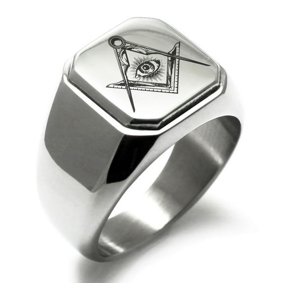 Stainless Steel Freemasons Masonic Sacred Society Engraved Square Flat Top Biker Style Polished Signet Ring