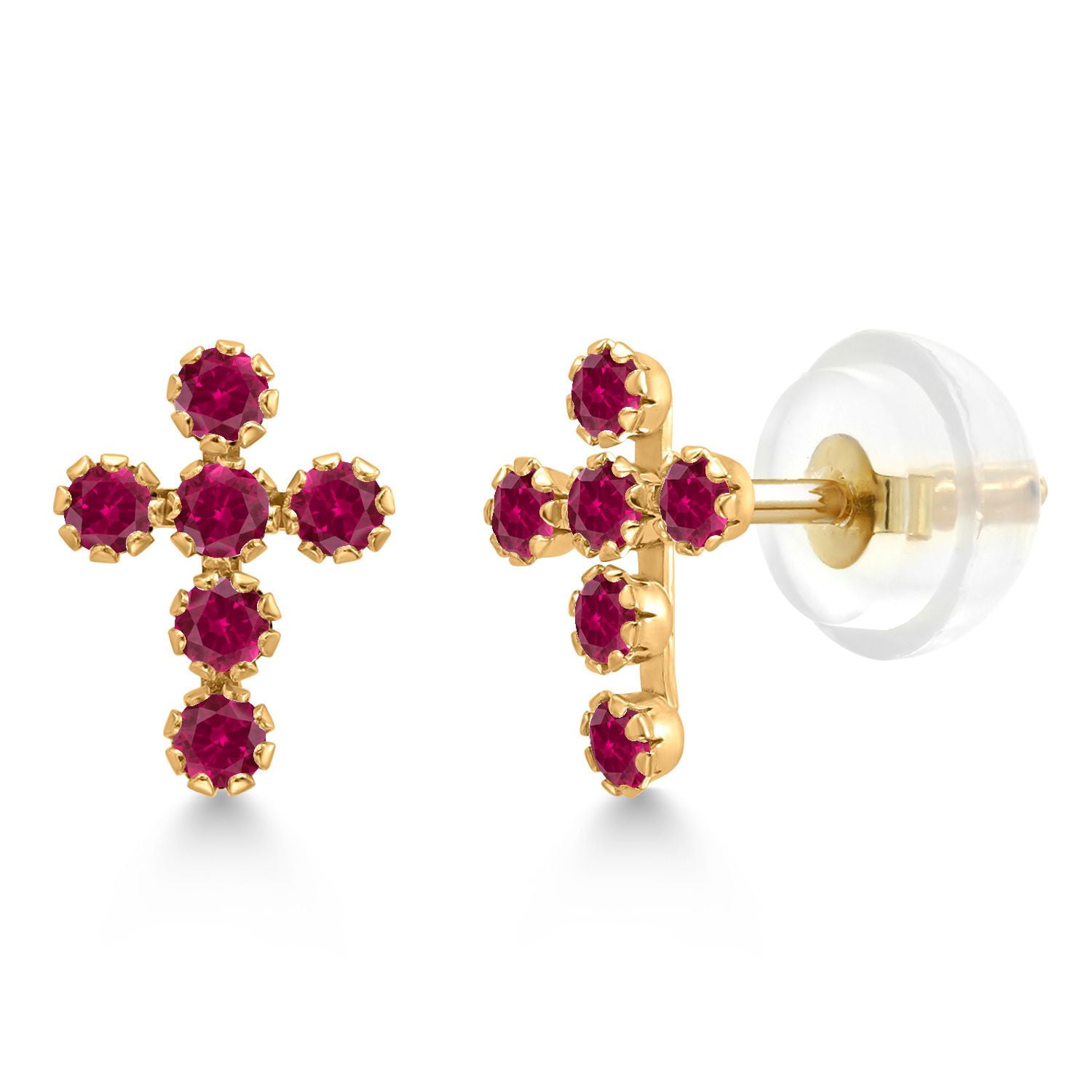 Gem Stone King 14K Yellow Gold Red Created Ruby Cross Earrings for Women Men | 0.18 Cttw | Gemstone July Birthstone | 7.5X5.5MM