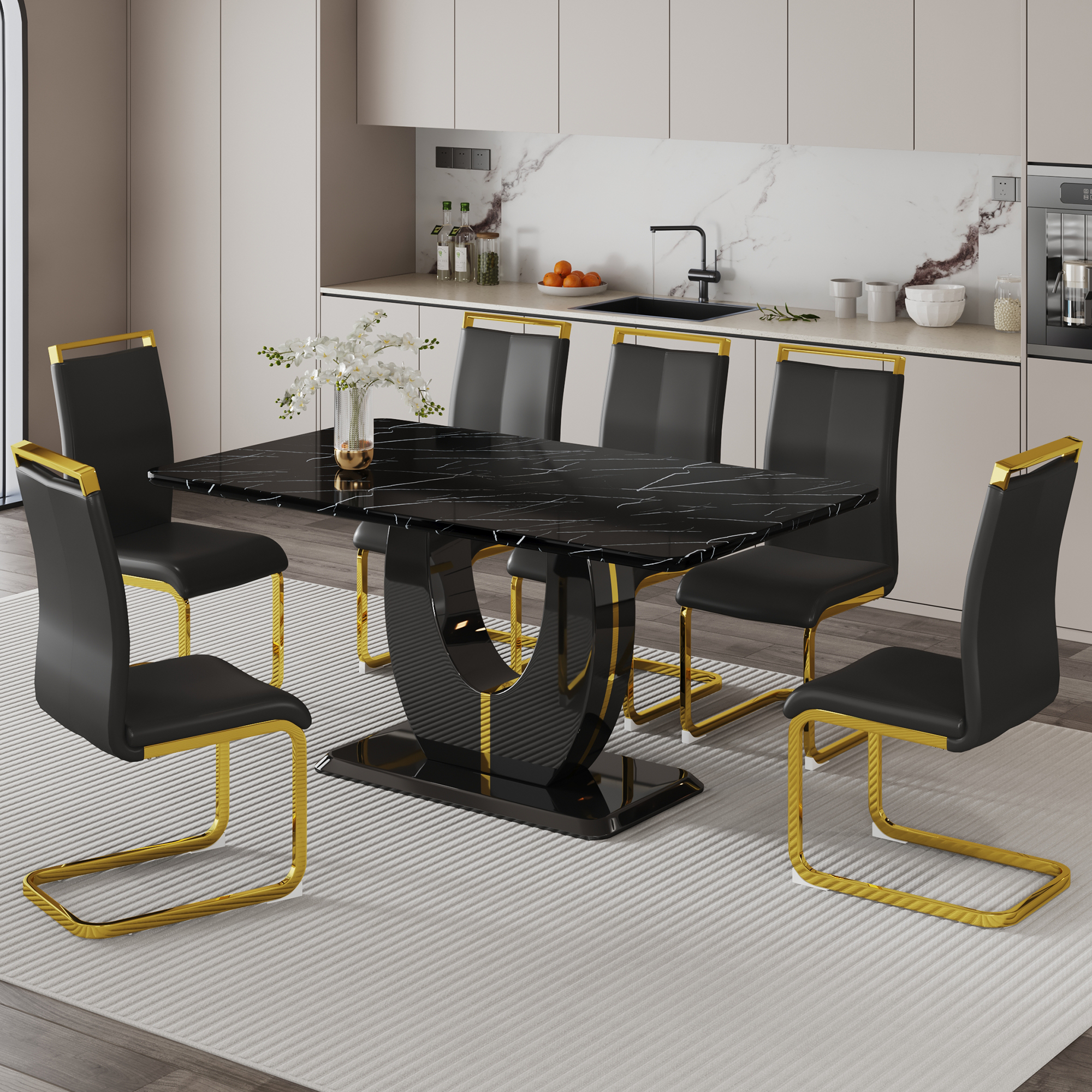 JUFU Modern Dining Table for 6 , 63'' Faux Marble Table with MDF Marble Tabletop, Easy Assembly Kitchen and Dining Room Table with Durable Frame, Scratch and Heat Resistant, Ideal for Dining Room