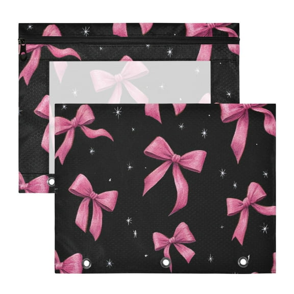 Pink Watercolor Bows Stars Black Background 3-Ring Binder Pouches A4 Size Zipper Pocket File Storage 2 Packs