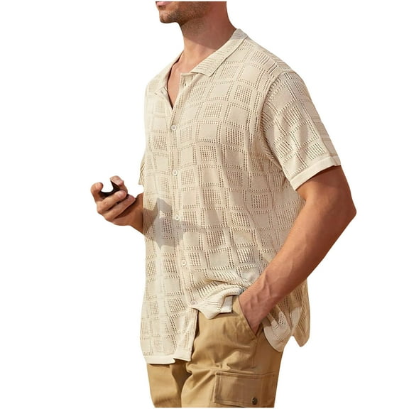Mlzmgr Mens Tops Summer Lapel V Neck Button up Knit Tee Shirts Comfy Short Sleeve Travel Casual Tops