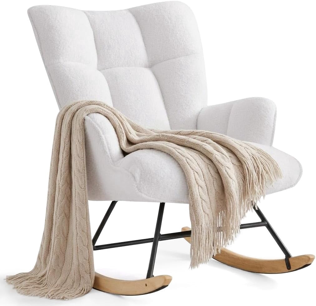 QuzyAor Teddy Fabric Nursery Glider Rocking Chair,Soft Upholstered Chair with Optional Footrest & Headrest for Baby Nursery Living Room,Ivory