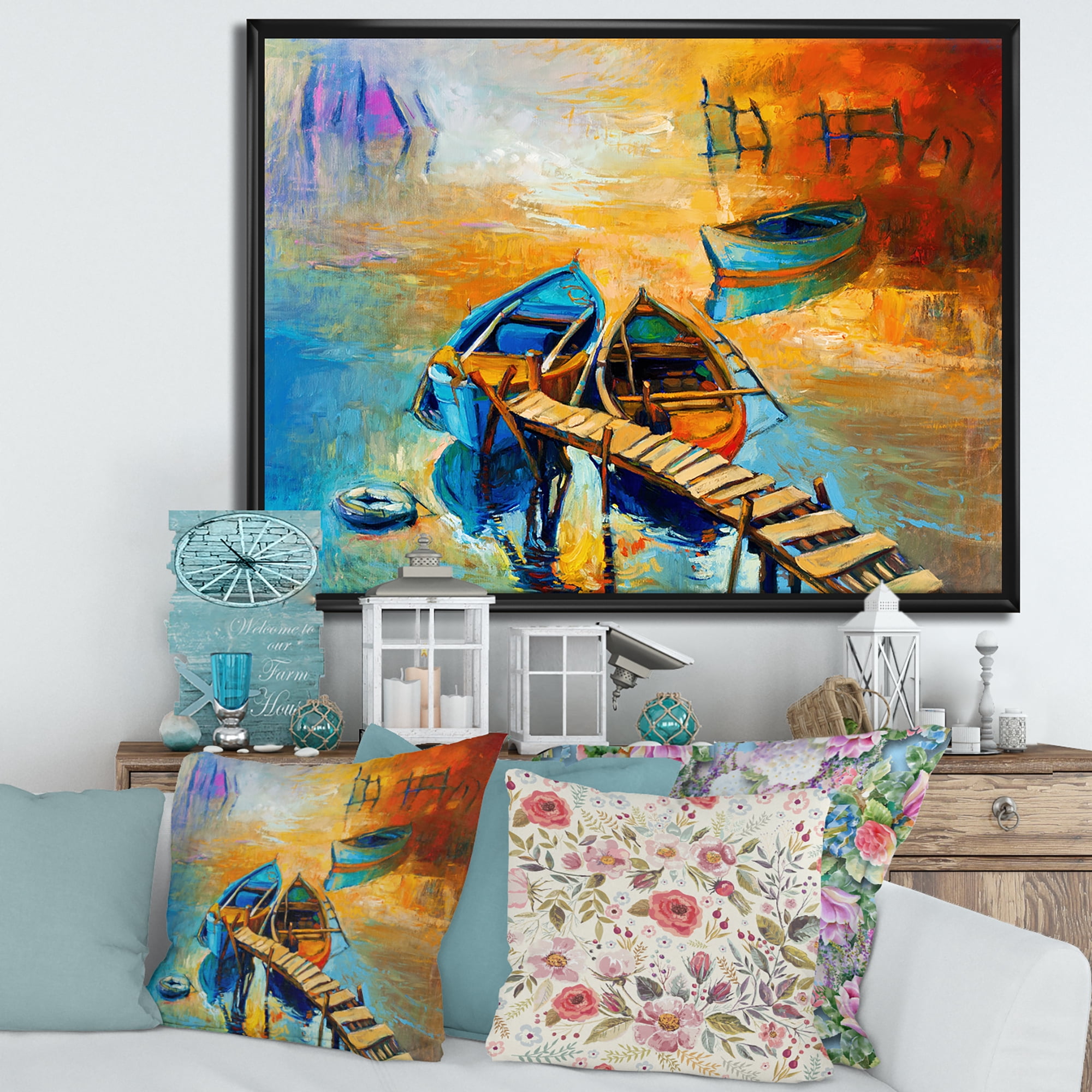 Designart 'Boat At The Lake During Evening Glow V' Nautical & Coastal Framed Canvas Wall Art Print