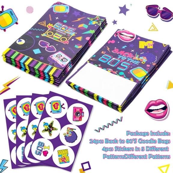 Haooryx 1980s Paper Gift Bags for Retro 80s Theme Party, 24Pcs Paper Bags with Stickers Party Favors