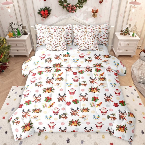 Feelyou Santa Claus Reindeer Bedding Comforter Set 7pcs, Cartoon Xmas Full Bedding Set