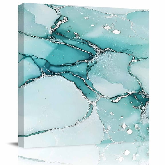 Wall Art Prints, Marble Turquoise Framed Canvas Prints for Bedroom Living Room Bathroom Office, Abstract Nature Cracks Silver Wavy Gallery Wrap Wall Art Poster for Gifts Home Decor 8"x8"