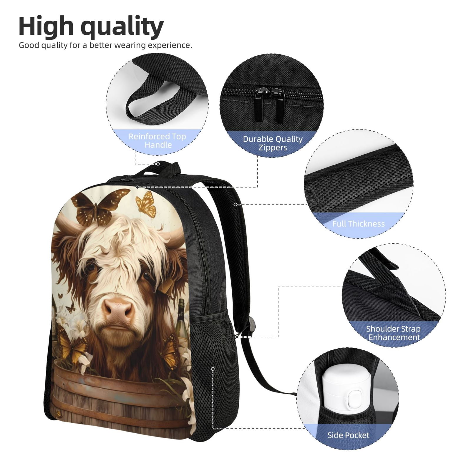 Ratiio Butterfly Cow Barrel Print Backpack with Padded 15-inch Laptop Sleeve- Spacious and Durable Daypack for Work and Travel
