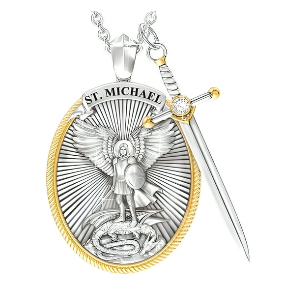 DESIGNICE Archangel Pendant Necklace Retro Knight Divine Shield Protection Necklace Creative Pattern Archangel St. Michael Catholic Patron Steel Pendant Necklace