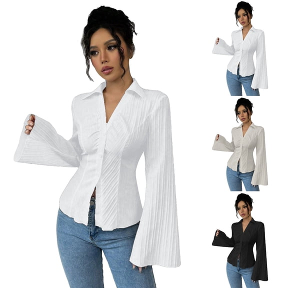Only Moment Button Down Shirts for Women Long Sleeve V Neck Flare Sleeves Polyester,Spandex Cinch Waist Long Sleeve Casual Work Dressy Tunics Blouse Corset Tops Black,S