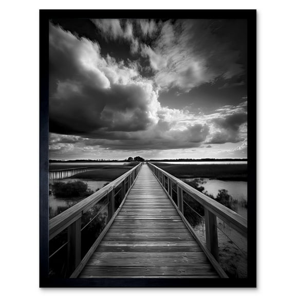 Wooden Bridge River Landscape Black and White Art Print Framed Poster Wall Decor 12x16 inch