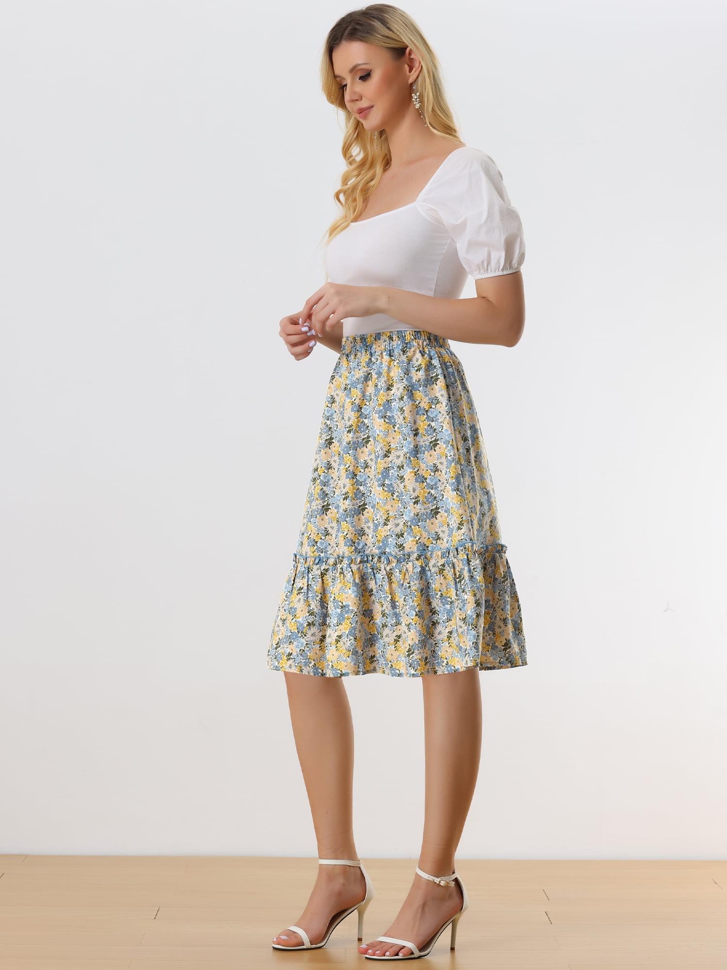 DARING DIVA Women's Flowy Ruffle Hem Tiered Floral Midi Skirt S White Yellow