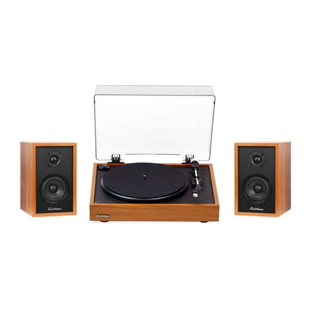 Electrohome Montrose Wireless Upgradable Vinyl Record Player with Berkeley Powered Bluetooth Bookshelf Speakers 1 Tweeter & 3 Driver for Natural Acoustics Teak