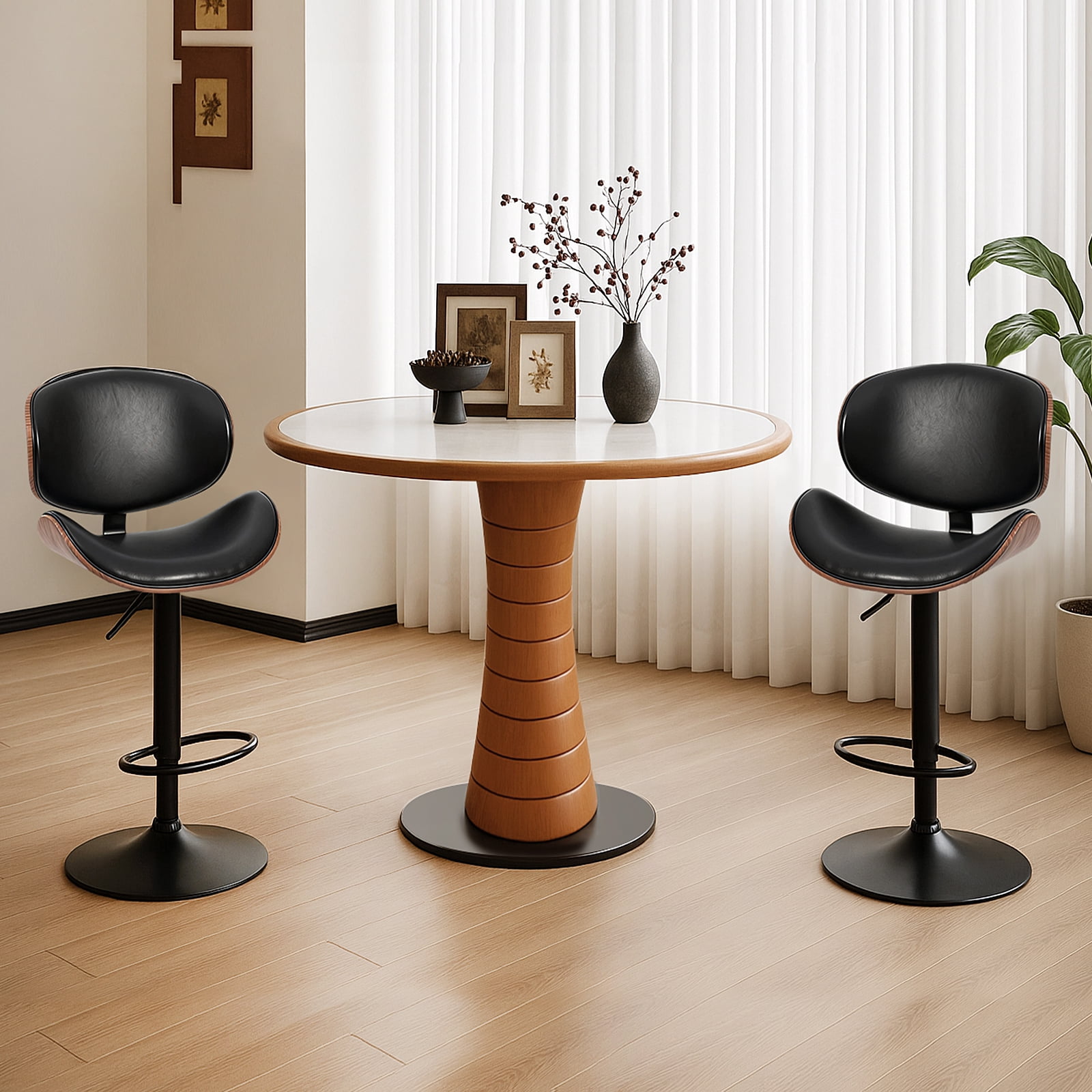 Swivel Bar Stools Set of 2 Adjustable Counter Barstools ,PU Leather Bentwood Stools Chairs with Footrest for Kitchen Island, Dining Room, Home Bar, Black
