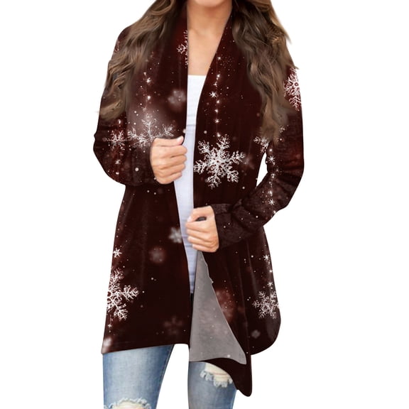 Women's Fashion Christmas Print Jacket, Long Sleeve Casual Cardigan Coat for Everyday Wear and Comfortable Outfits,Brown,L