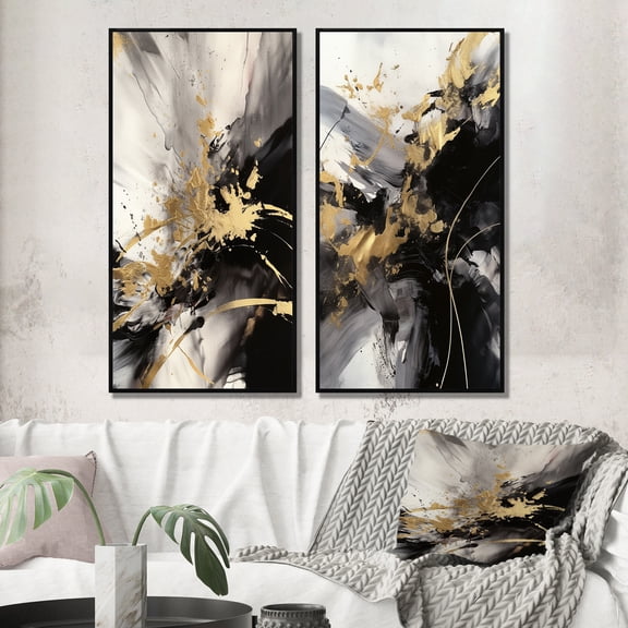 Designart "Fluid Fusion in Gold and Grey II" Abstract Framed Wall Art Set Of 2 - Gold Abstract Framed Canvas Set For Living Room Decor