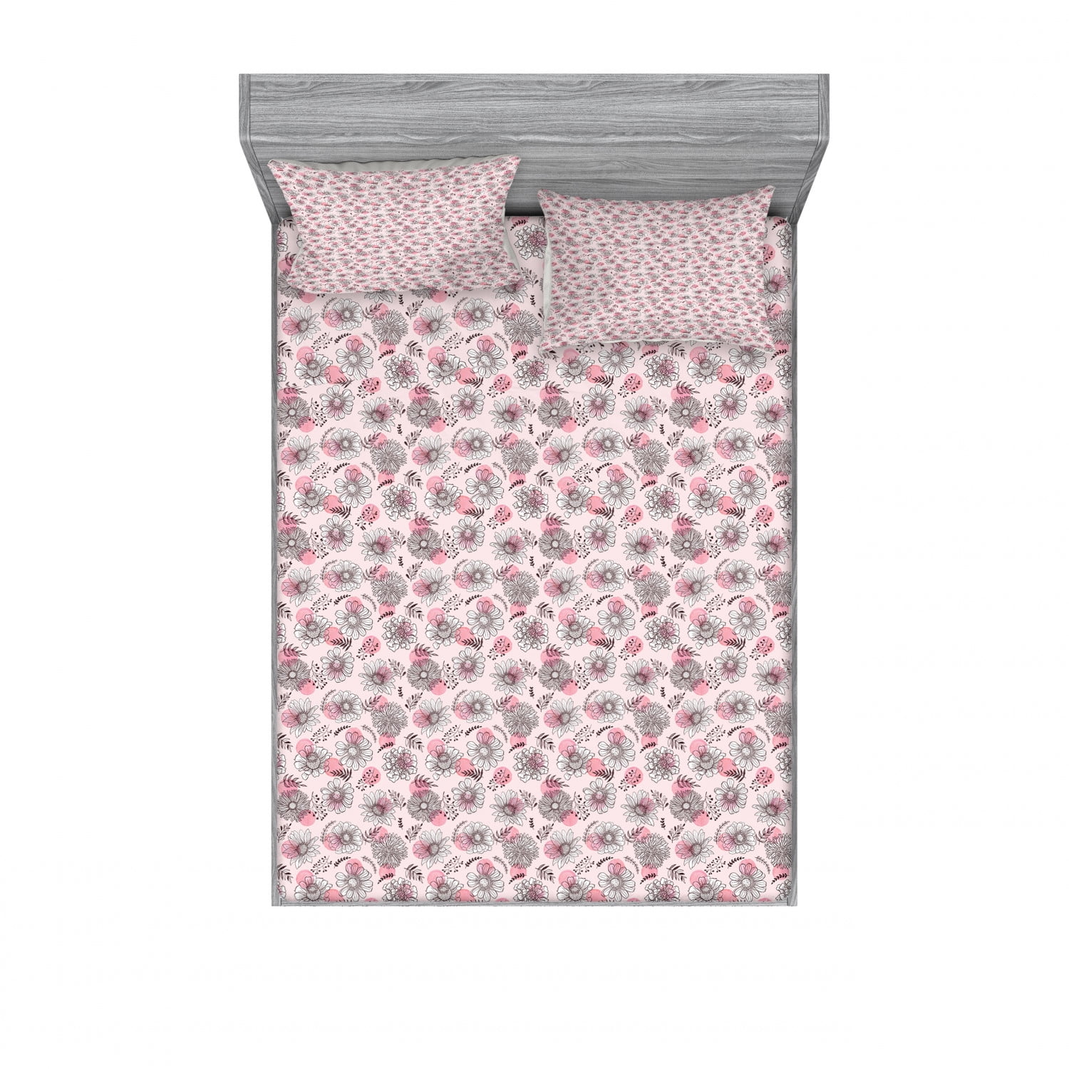 Flower Bedding Set with Sheet & Covers, Sketch Outlines of Flowers on