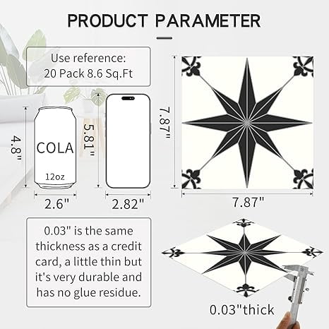 MORCART 7.87" x 7.87" Peel and Stick Floor Tile, 20 PCS Self-Adhesive DIY Vinyl Flooring for Renters, Removable and Waterproof Tile Sticker for Bathroom, Kitchen, Staircase (Black Stellar)