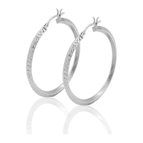 Brilliance Fine Jewelry Rhodium Plated Sterling Silver Diamond Cut Square Tube Women's Hoops