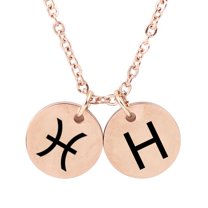 Personalized Round Constellation Initial Necklace - Engraved Zodiac Symbol Jewelry - Christmas Gift for Her - Stainless Steel - 18" Chain - Rose Gold Pisces
