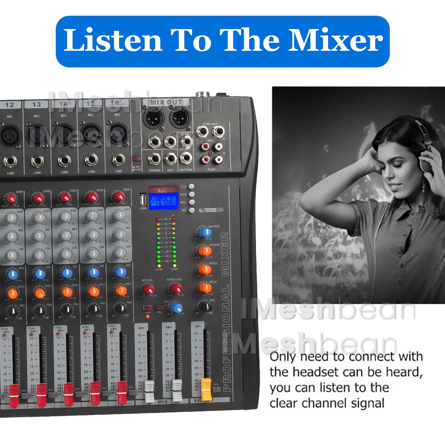 iMeshbean Professional Audio Mixer Sound Board Console, 16 Channel Studio Audio Mixer, USB Live Studio Audio Mixing Power Mixing Amplifier Studio Audio DJ KTV Mixing Console USB Slot