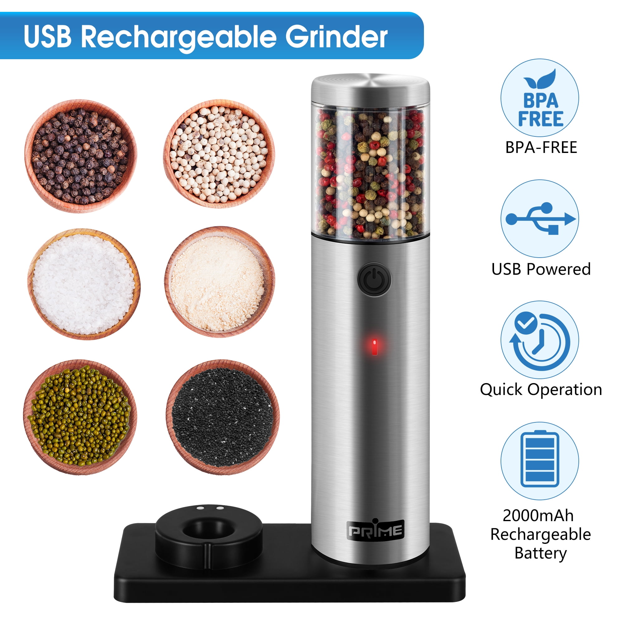 2 Pcs Electric Pepper Grinder Set with USB Cable Charging Base Brush  Rechargeable Salt and Pepper Mill Stainless Steel Automatic Pepper Mill  Adjustable Coarseness Mills for Spice Kitchen Cooking 