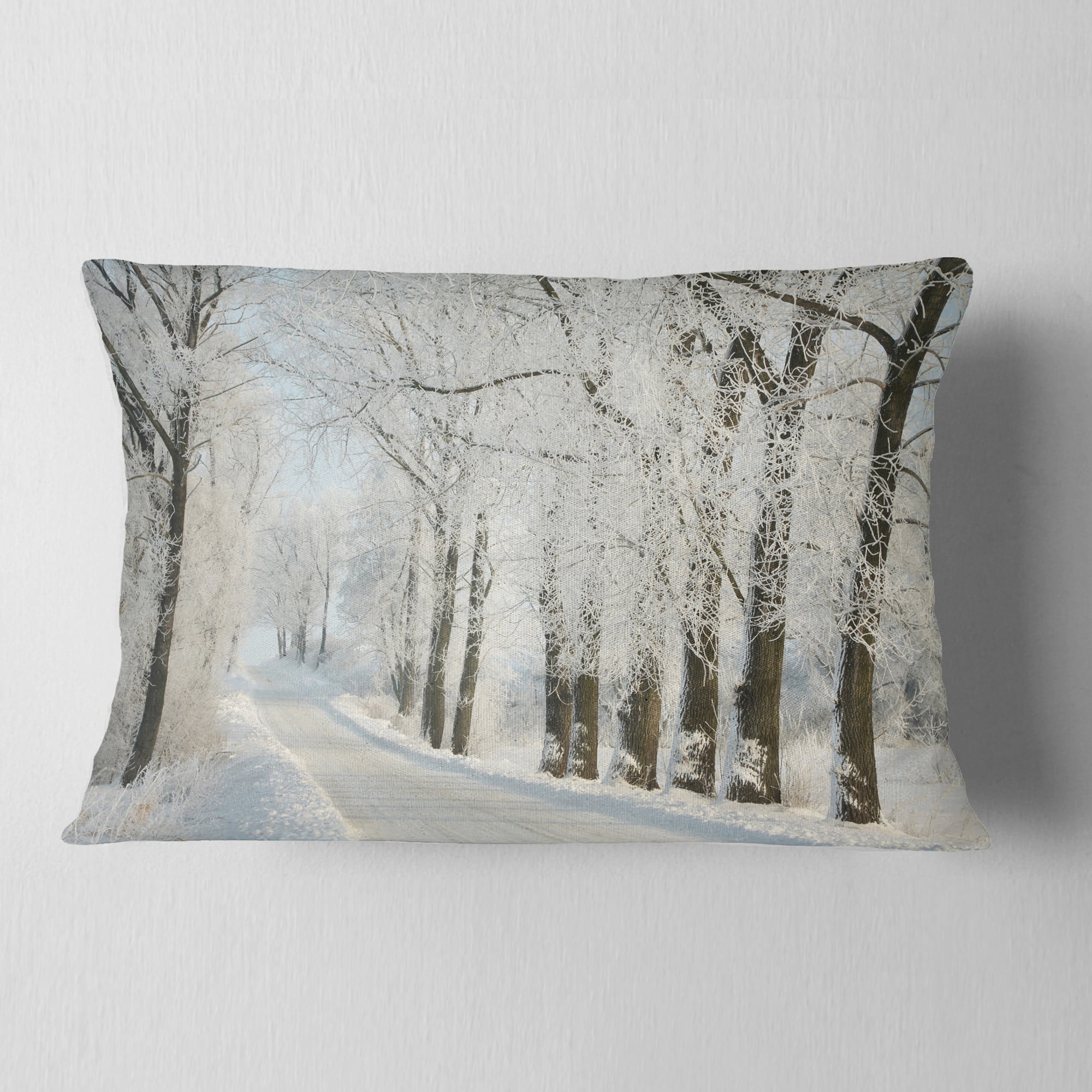 Designart Winter Rural Road Among Frosted Trees - Forest Throw Pillow - 12x20