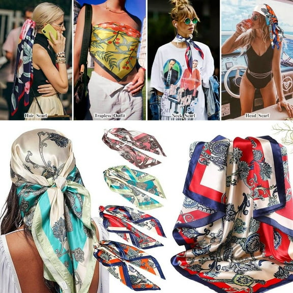 4PCS 35" Large Square Satin Head Scarf - Silk Hair Scarf Square Hair Bandanas Women Sleeping Head Wraps