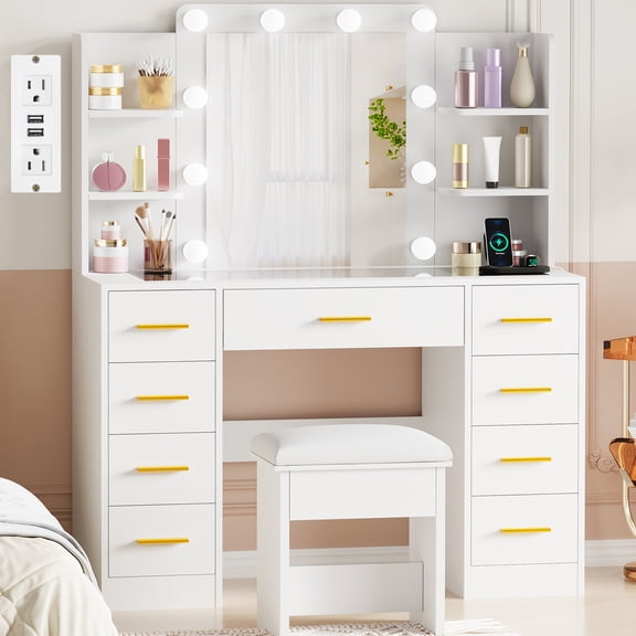 BEWISHOME White Vanity Desk with Mirror Lights and Stool, Power Outlet, Glass Tabletop, 9 Drawers, 3-Mode LED
