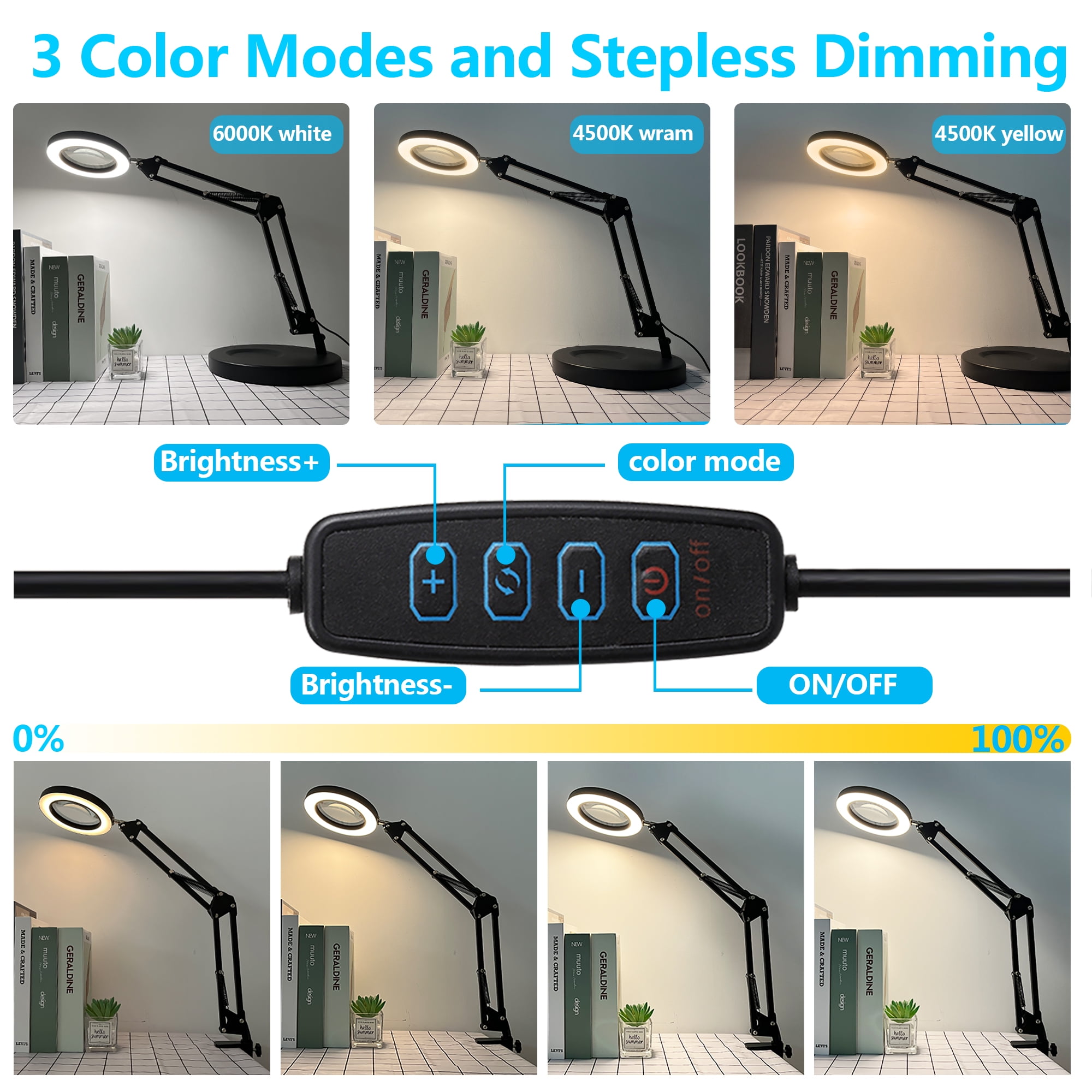 Jubor Upgraded 15X 10X Magnifier Desk Lamp With Light, LED Magnifier Lamp With Clamp And Swivel Arm, Desk Lamp With 5 Adjustable Color Modes For Reading, Repair, Crafts