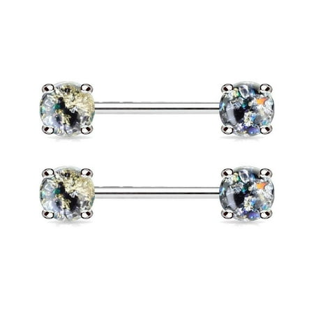 Black Cabochon Barbell MoBody 14G One Pair Lava Glitter Prong Set Nipple Ring Barbell Surgical Steel Body Piercing Nipple Jewelry (Black) ()