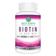 Best Earth Naturals Biotin 10,000, Dietary Supplement, Hair, Skin, Nail and Lash Support, 30 Count