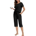 thumbnail image 2 of Virmaxy Womens Casual Sleepwear Pajamas Set Summer Round Neck Loose Pajamas 2 Piece Short Sleeve Solid Color T-Shirt Top Elastic Waist Tie Pocket Capri Pants Casual Set Black L, 2 of 9